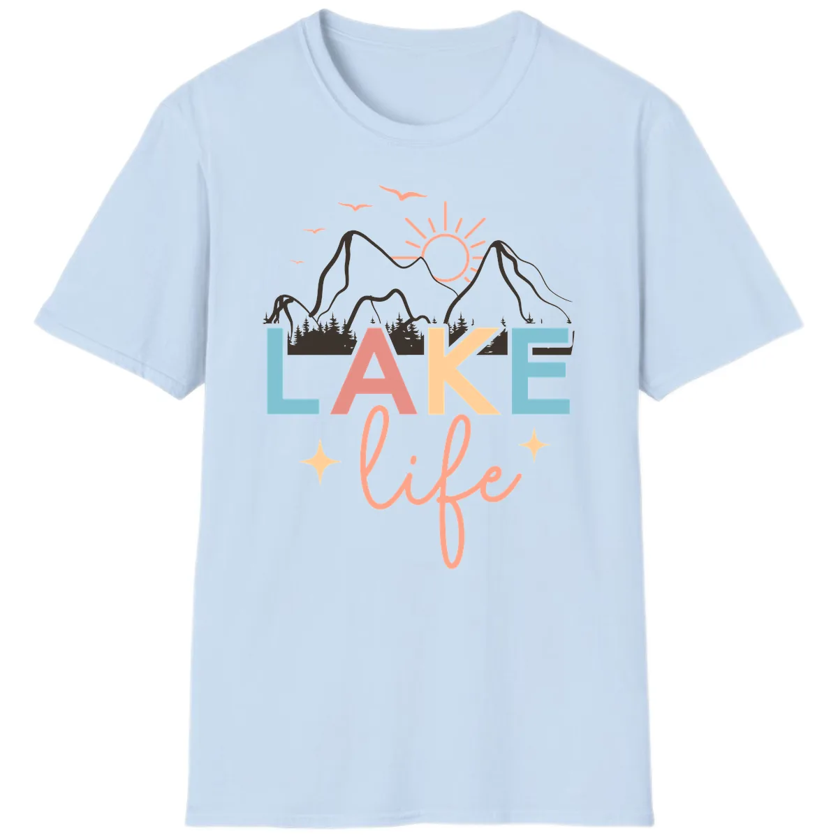 Mountain Lake Life Typography T-Shirt in Light Blue